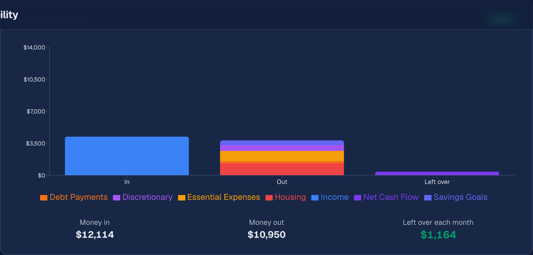 Monthly cash flow breakdown showing income minus expenses